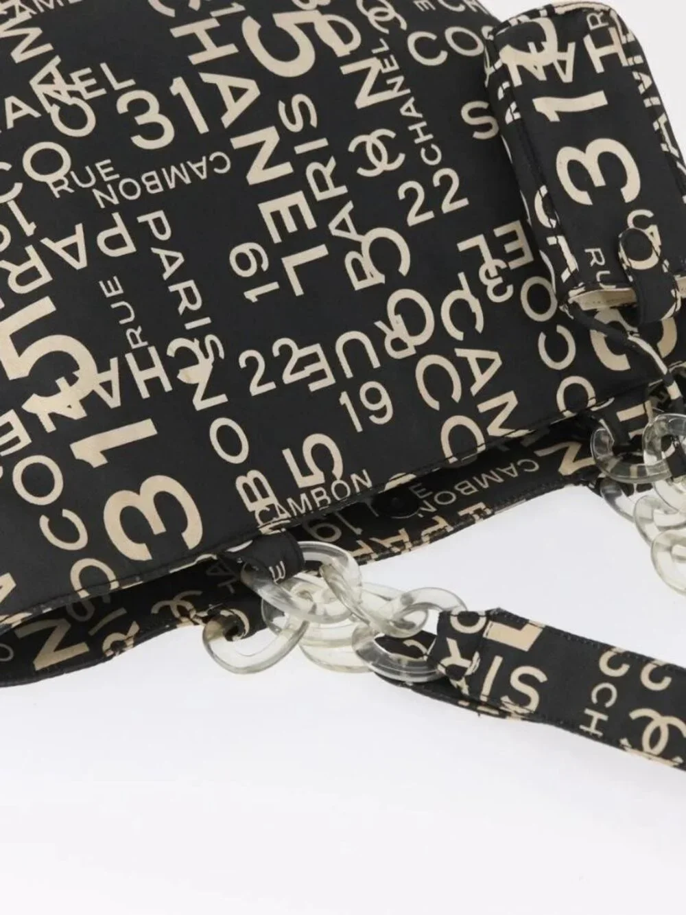 CHANEL By Sea Line Tote Bag Canvas Black Silver CC Auth 163519